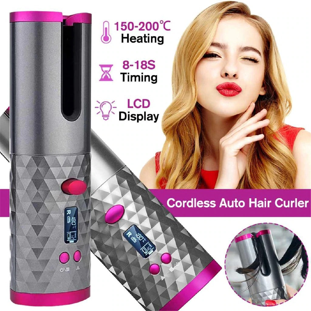 Cordless Rechargeable Automatic Hair Curler - Pink