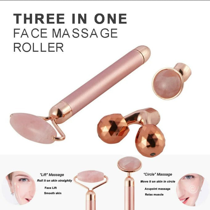 3 in1 Electric Vibrating Natural Rose Quartz Jade Facial Roller
