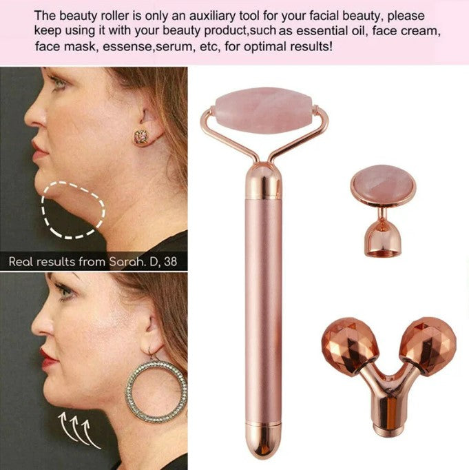 3 in1 Electric Vibrating Natural Rose Quartz Jade Facial Roller