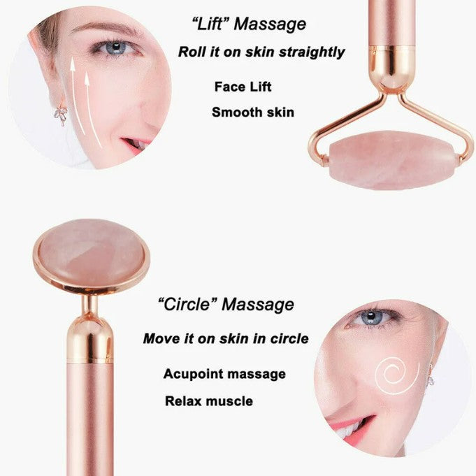 3 in1 Electric Vibrating Natural Rose Quartz Jade Facial Roller